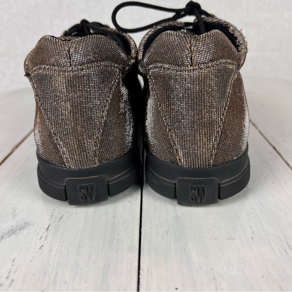 482egu Stuart Weitzman shimmery textile lace up sneakers women 7 gold si… - Picture 7 of 14